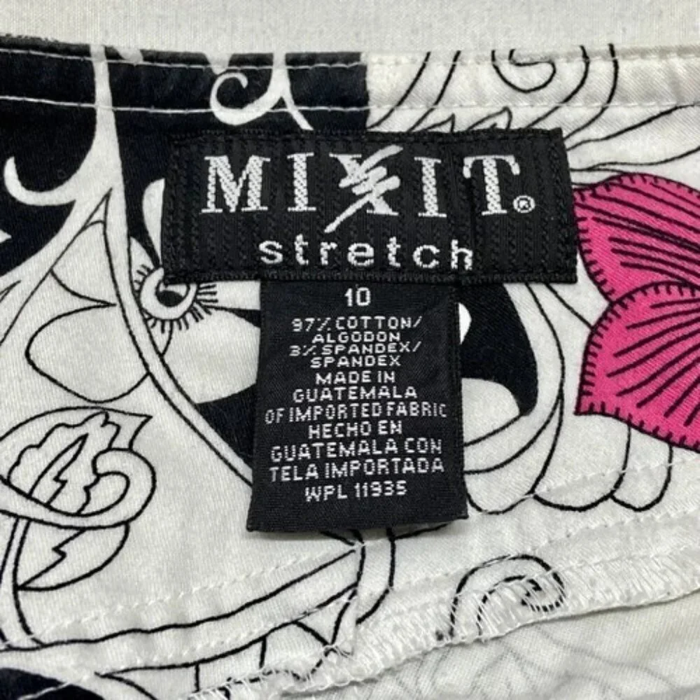 Mixit Capri Pants‎ Wonen's 10 White Black Pink Floral Belted Stretch Fashion EUC